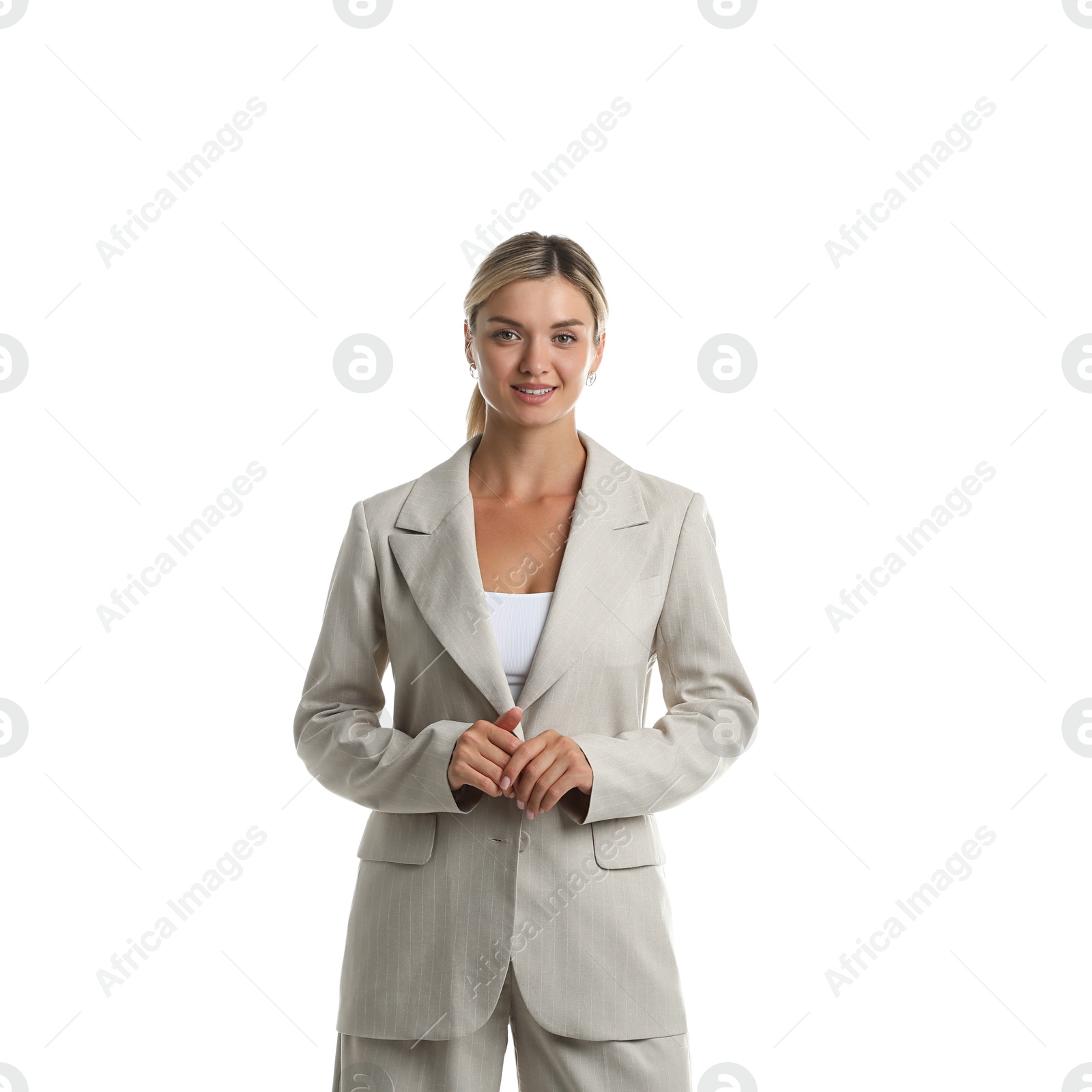 Photo of Beautiful woman in stylish suit on white background