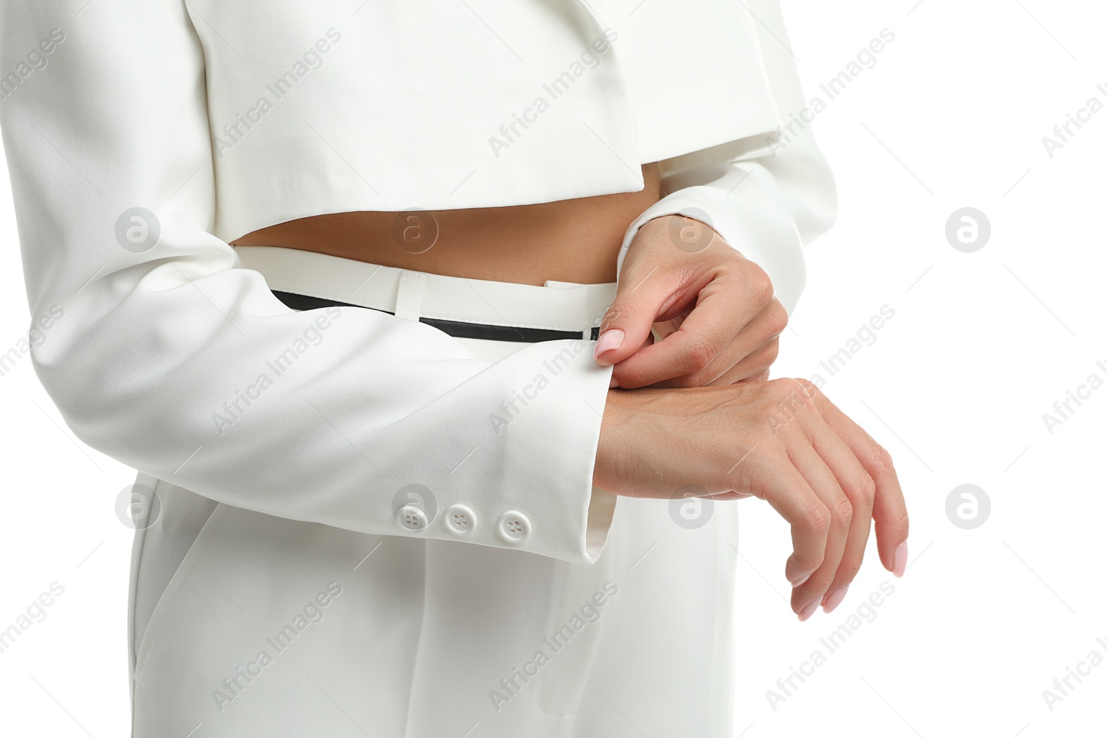 Photo of Woman in stylish suit on white background, closeup