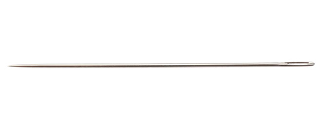 Photo of One new sewing needle isolated on white. Banner design