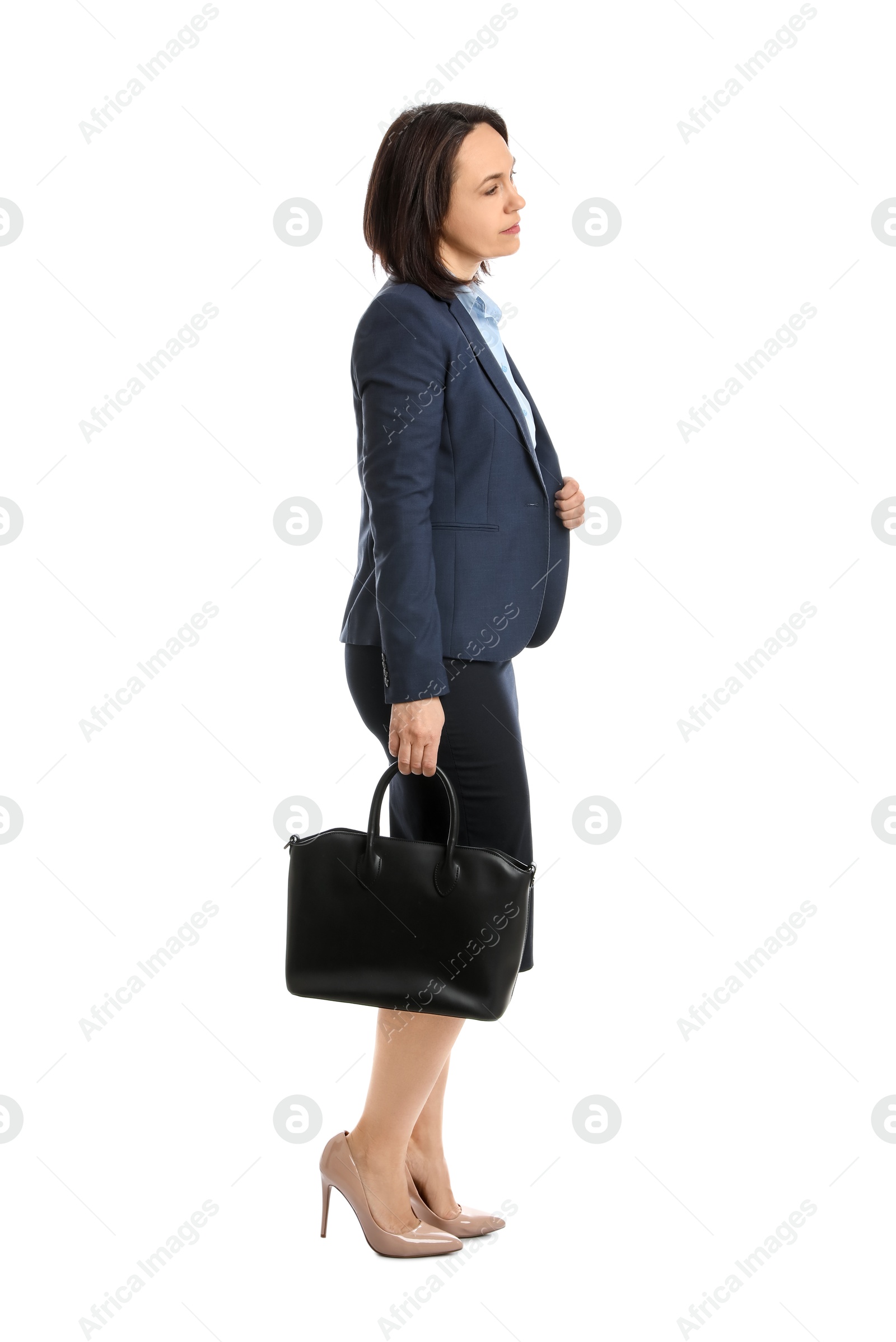 Photo of Mature woman in business attire with bag on white background