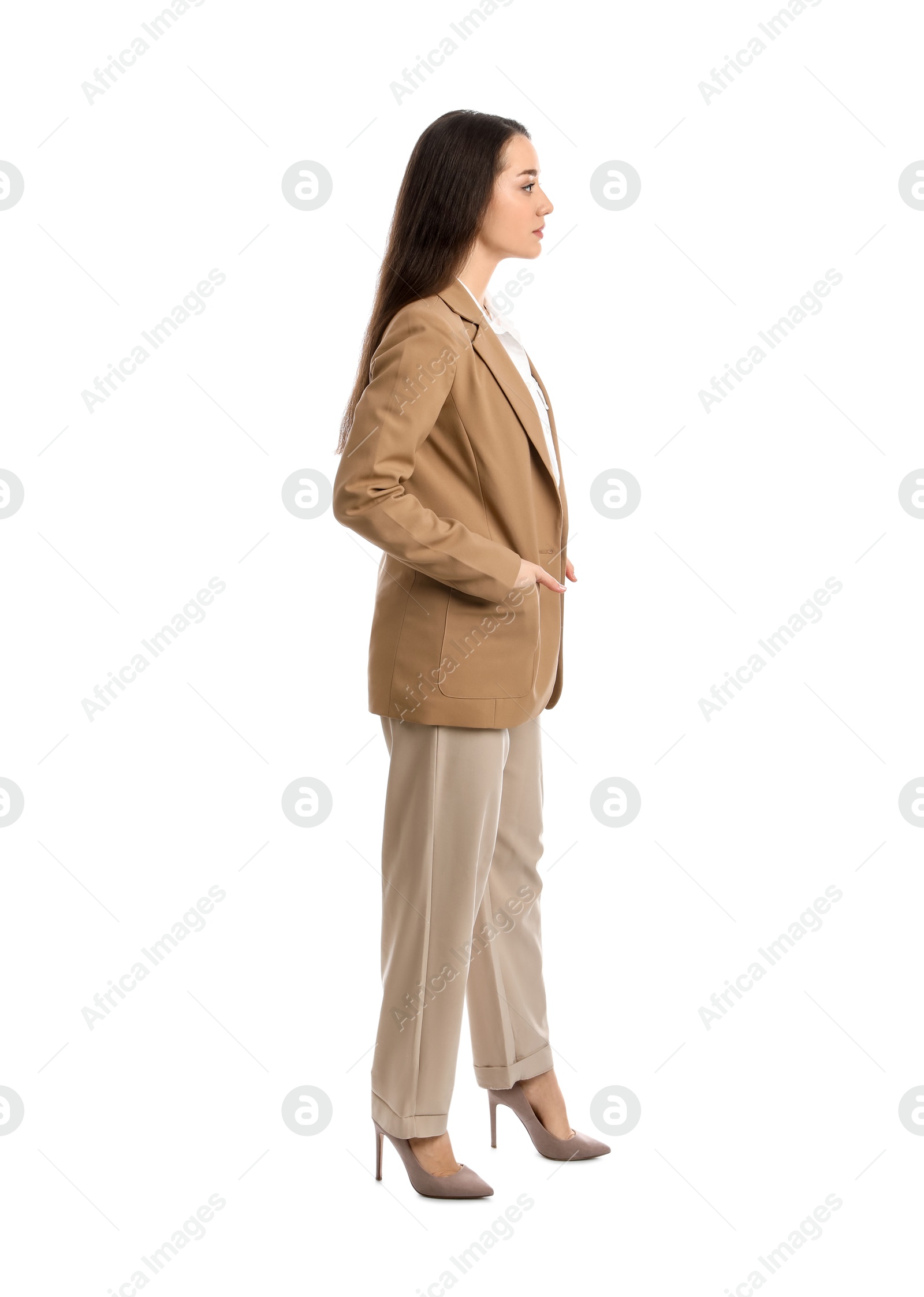 Photo of Young woman in business attire on white background