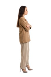 Photo of Young woman in business attire on white background