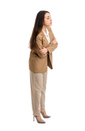 Photo of Young woman in business attire on white background