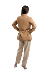 Photo of Young woman in business attire on white background, back view