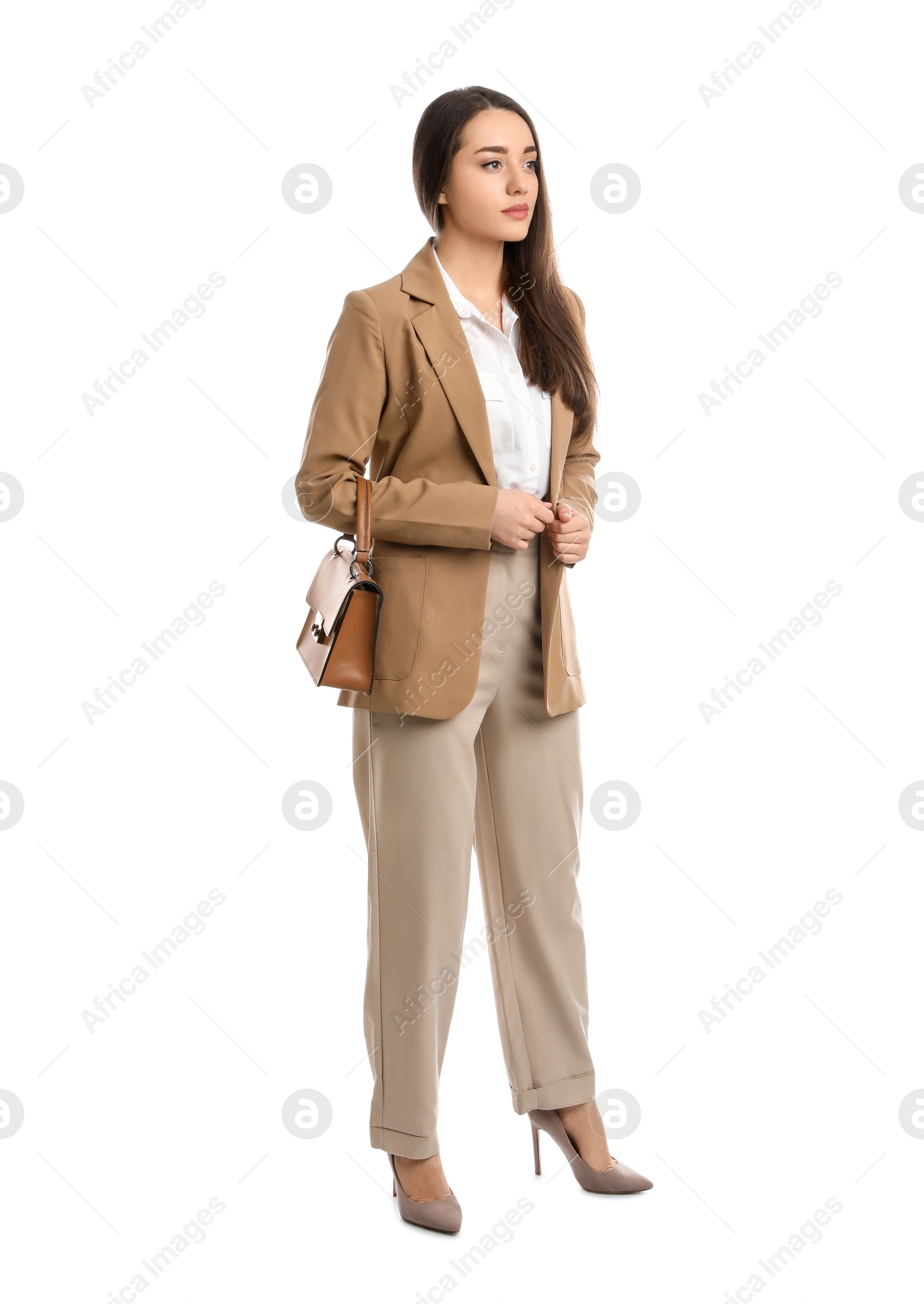 Photo of Young woman in business attire with bag on white background