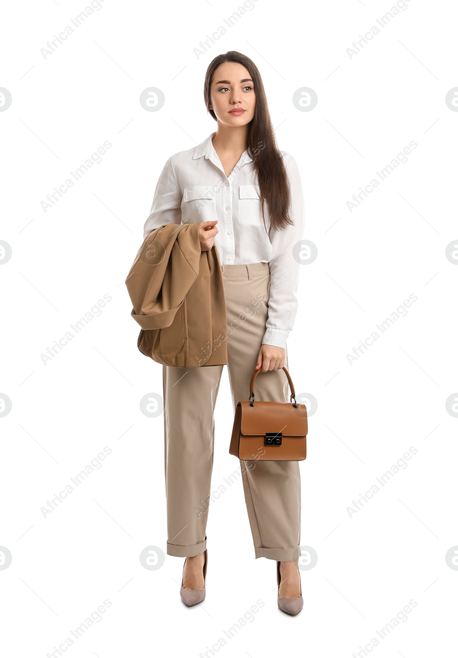 Photo of Young woman in business attire with bag on white background