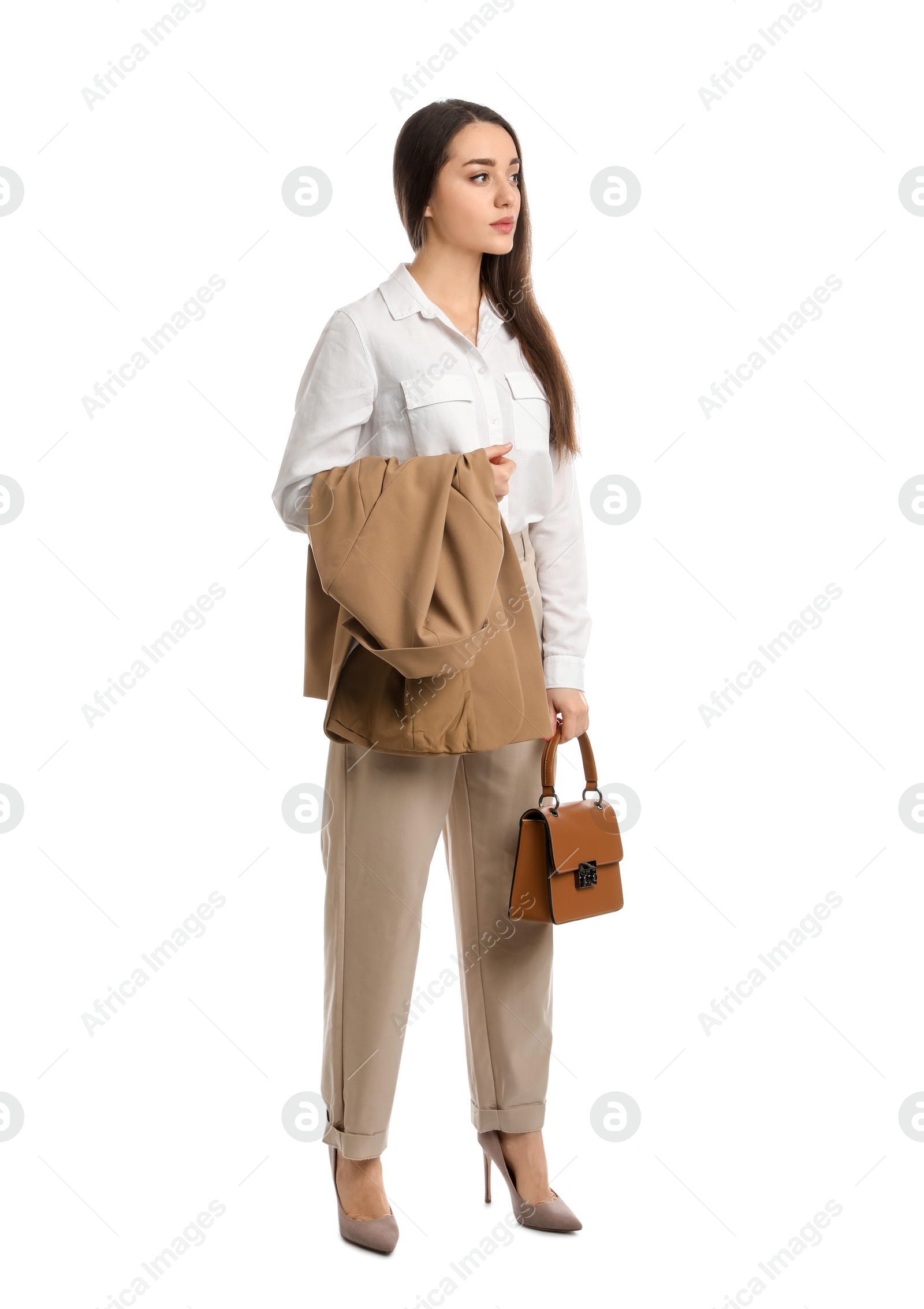 Photo of Young woman in business attire with bag on white background