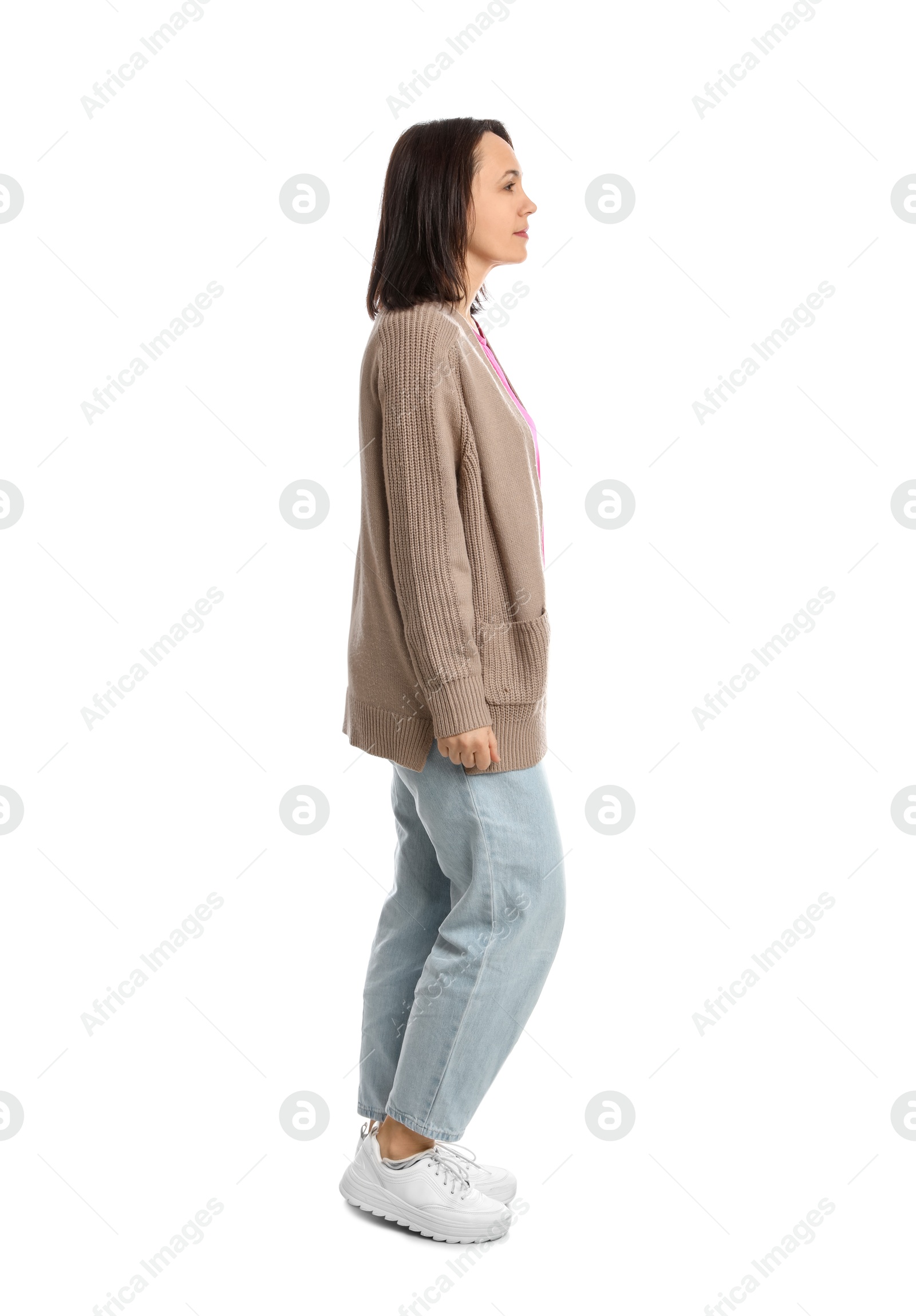 Photo of Mature woman in casual clothes on white background