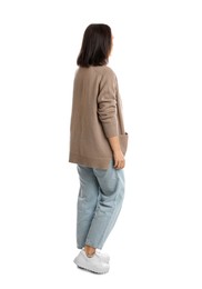 Photo of Mature woman in casual clothes on white background, back view