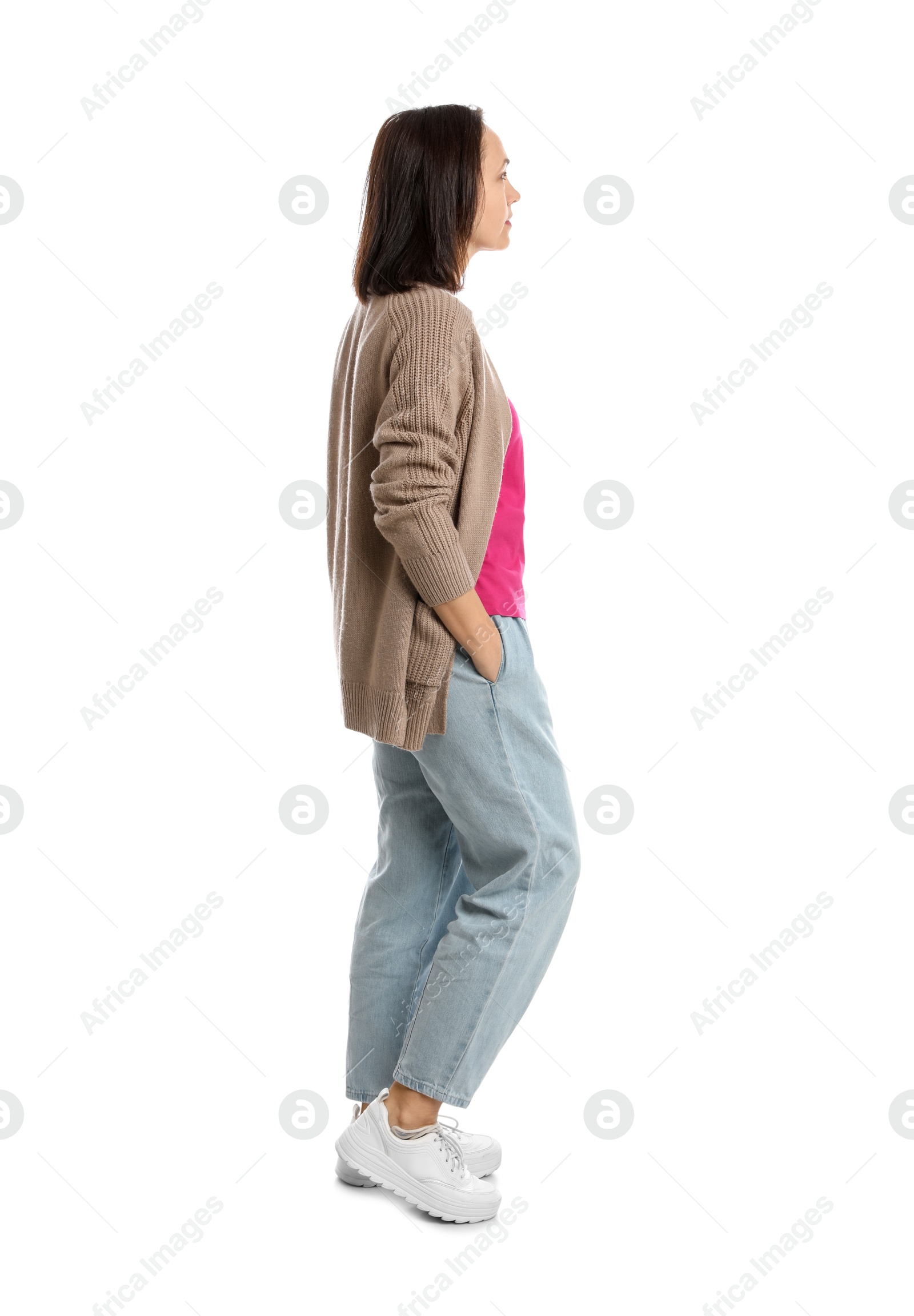 Photo of Mature woman in casual clothes on white background