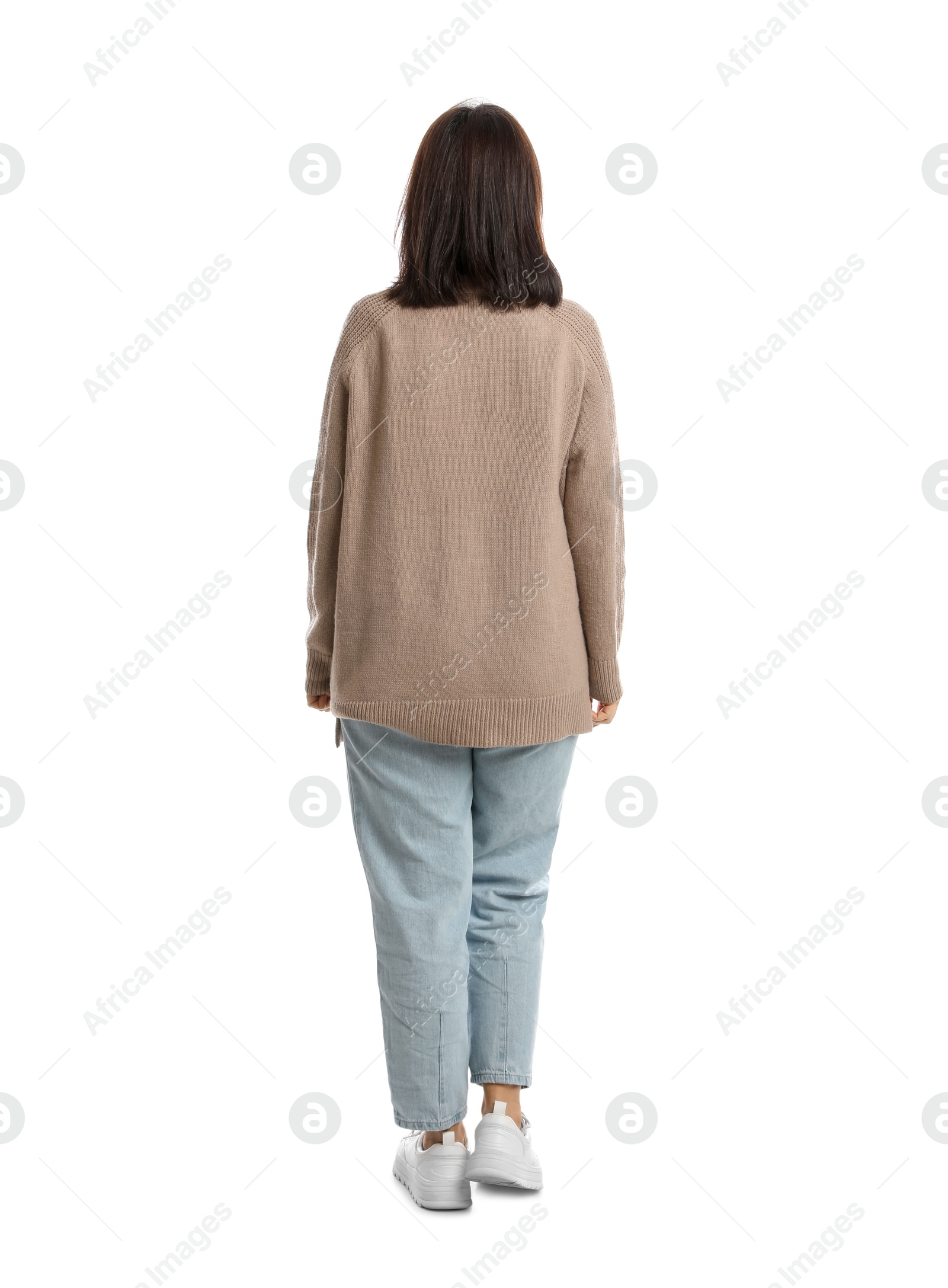 Photo of Mature woman in casual clothes on white background, back view