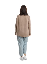 Photo of Mature woman in casual clothes on white background, back view