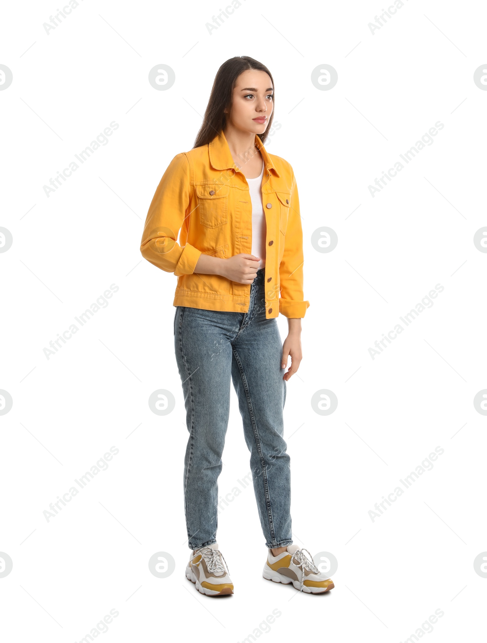 Photo of Young woman in casual clothes on white background