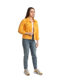 Young woman in casual clothes on white background