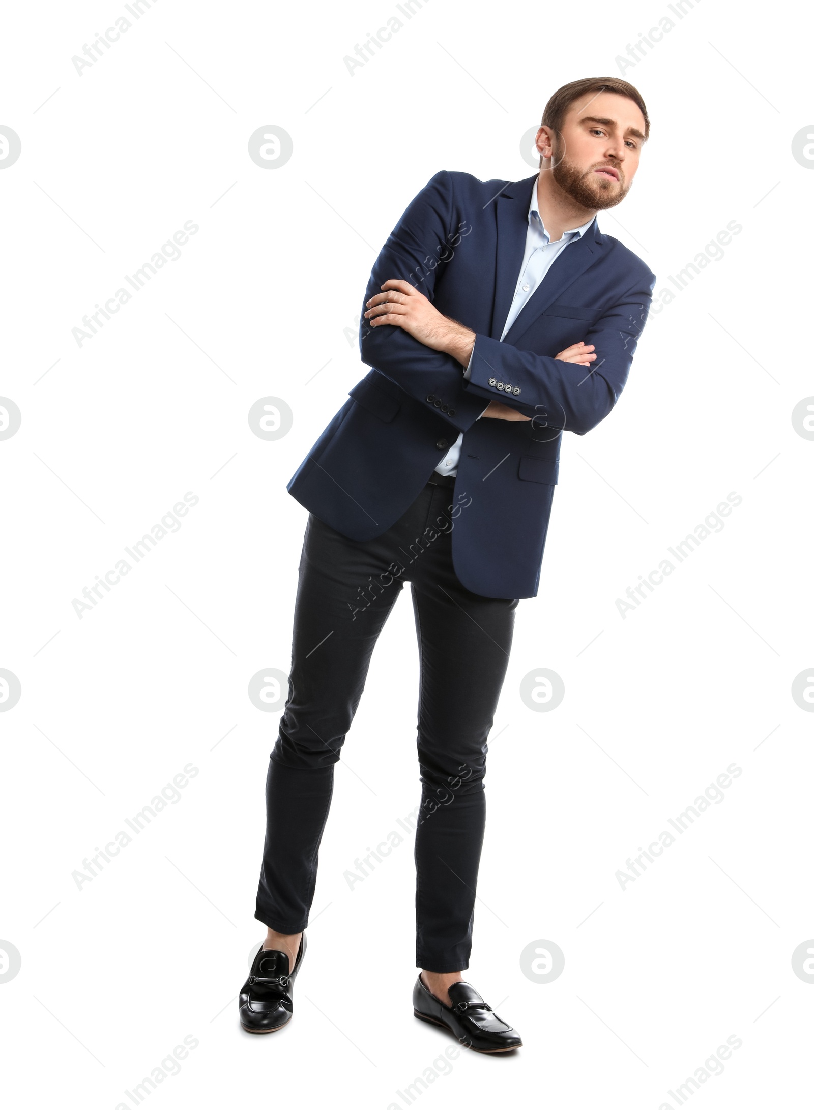 Photo of Young man in business attire on white background