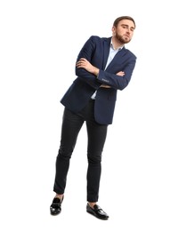 Young man in business attire on white background