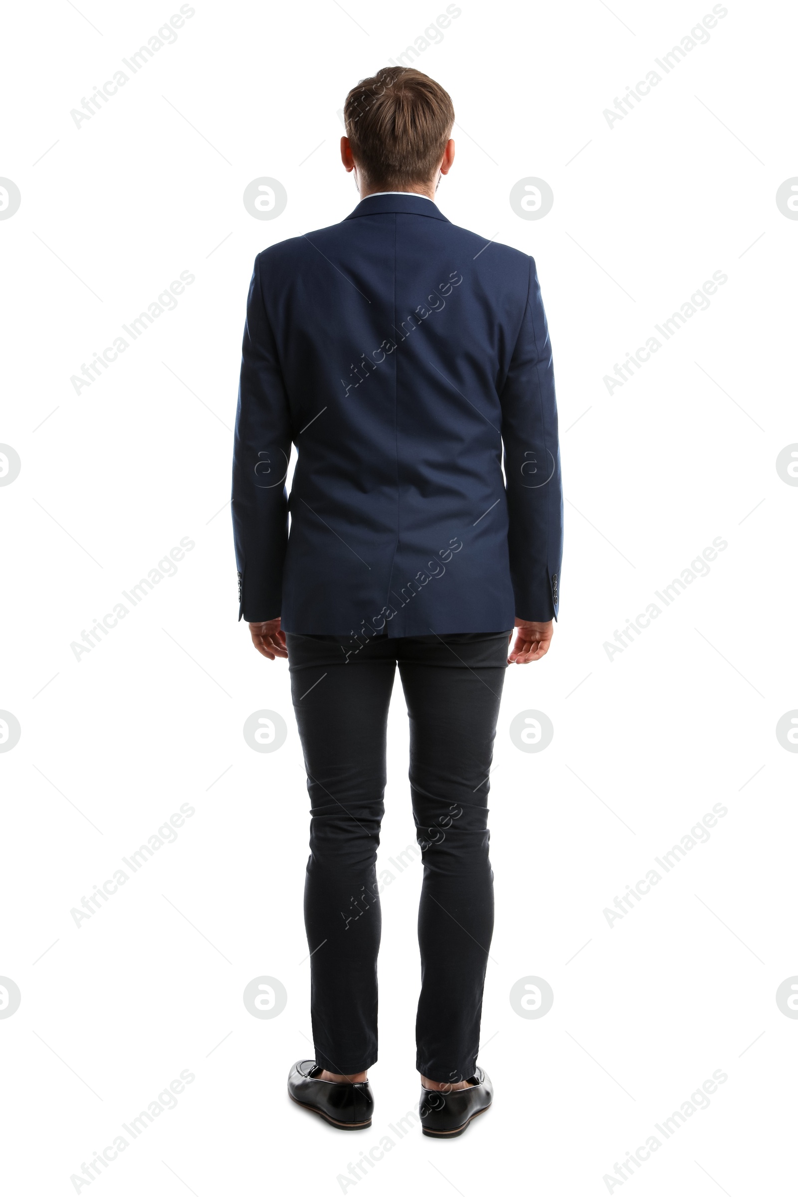 Photo of Young man in business attire on white background, back view