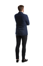 Photo of Young man in business attire on white background, back view