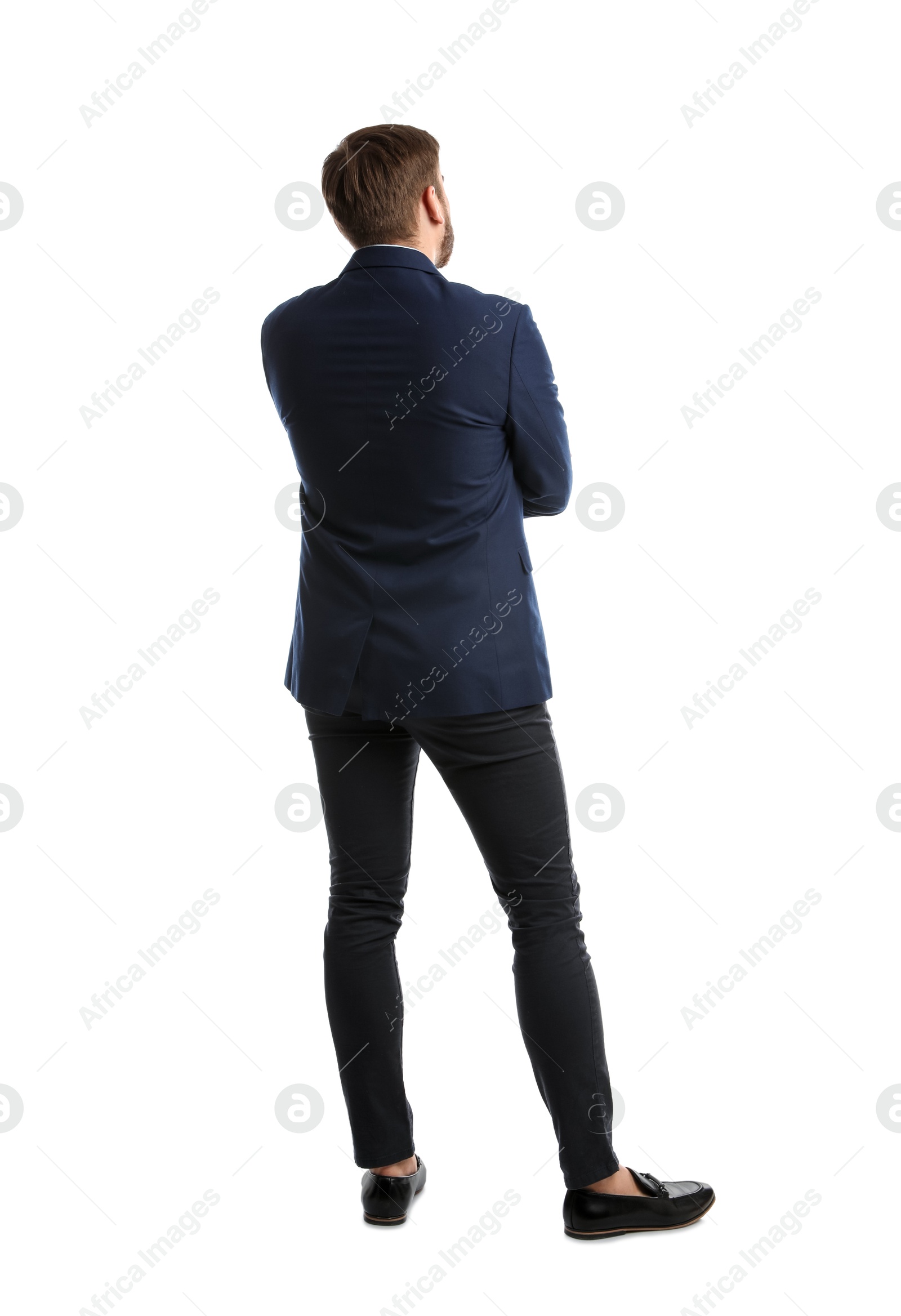 Photo of Young man in business attire on white background, back view