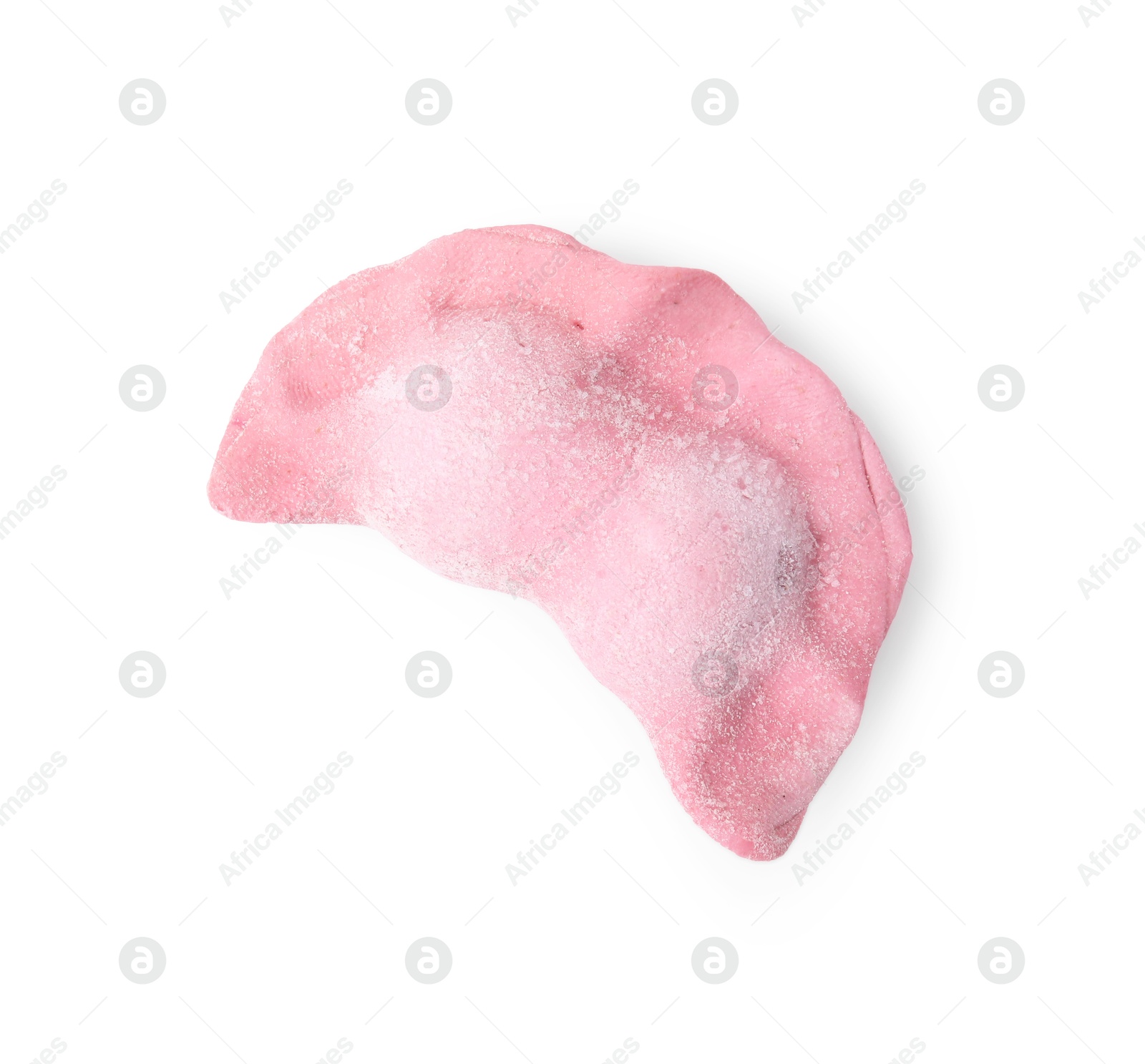 Photo of One frozen dumpling (varenyk) isolated on white, top view