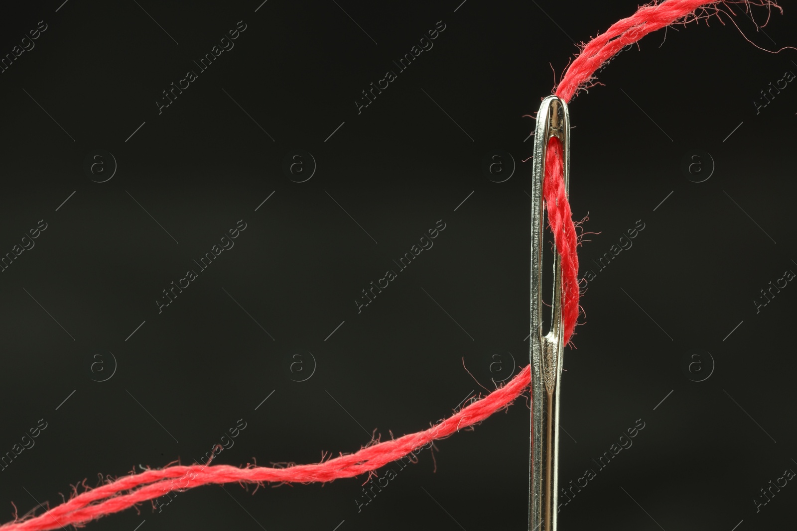 Photo of Sewing needle with red thread on black background, closeup. Space for text