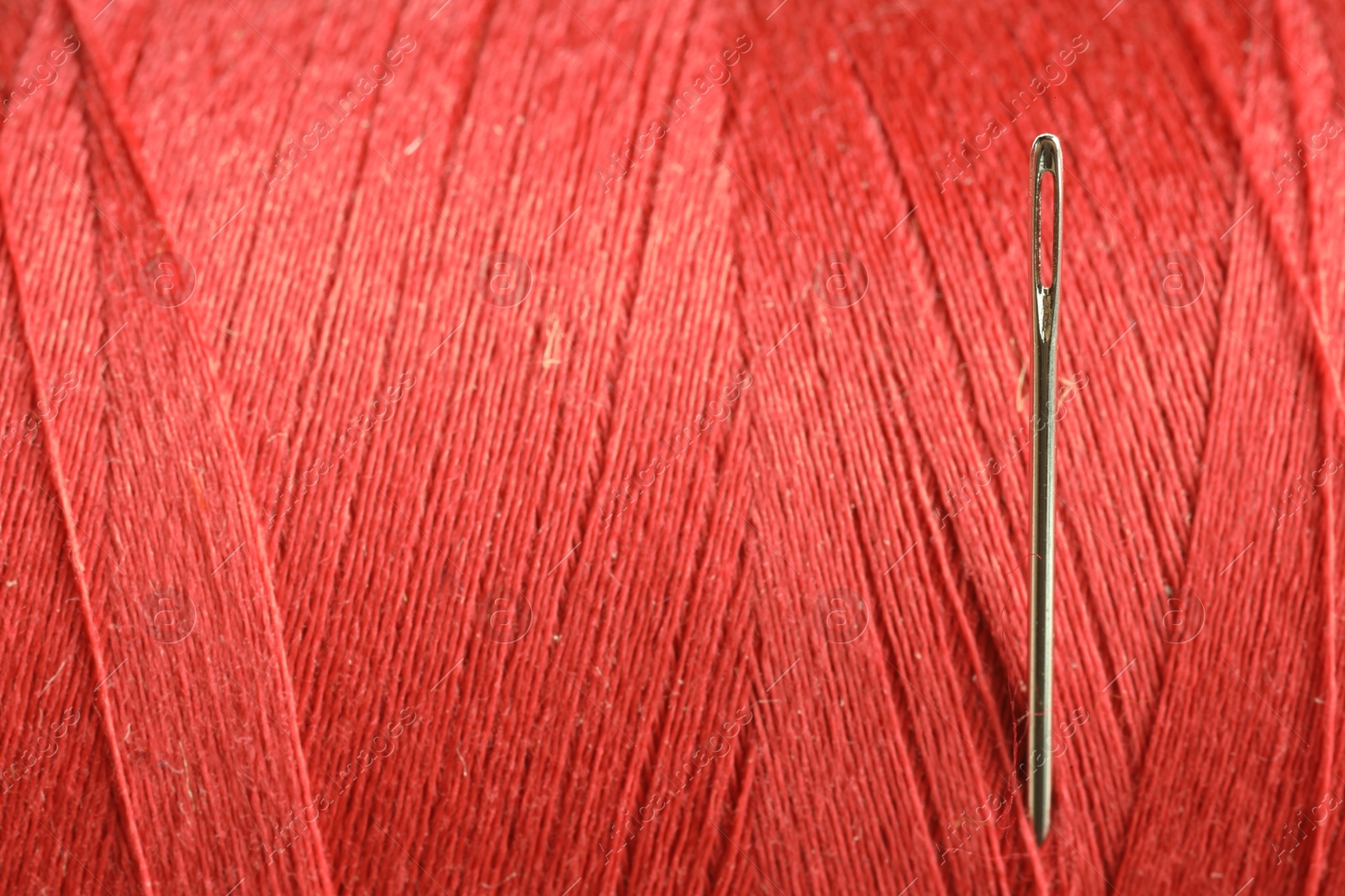 Photo of Spool of red sewing thread with needle, macro view