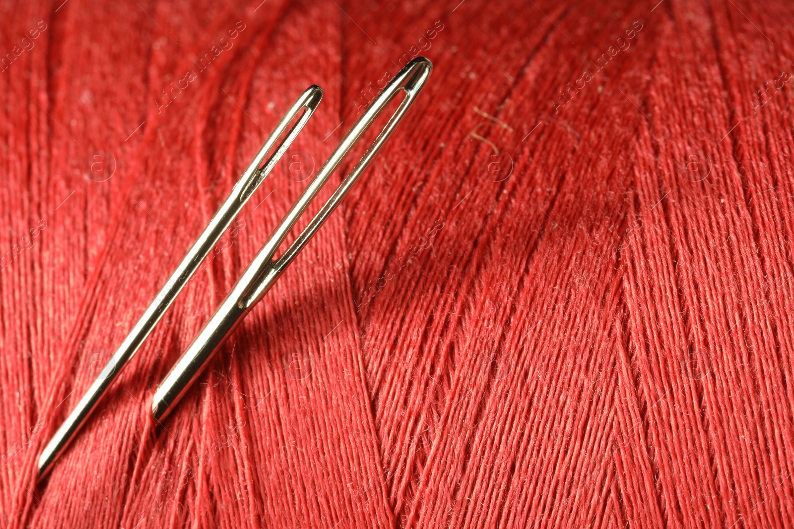 Photo of Spool of red sewing thread with needles, macro view