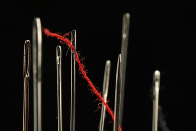 Photo of Sewing needle with red thread among ones on black background, closeup