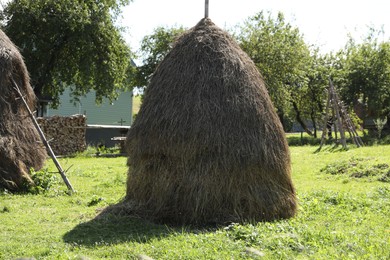 Pile of hay on farmland on sunny day