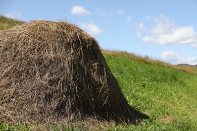 Photo of Pile of hay on field on sunny day. Space for text