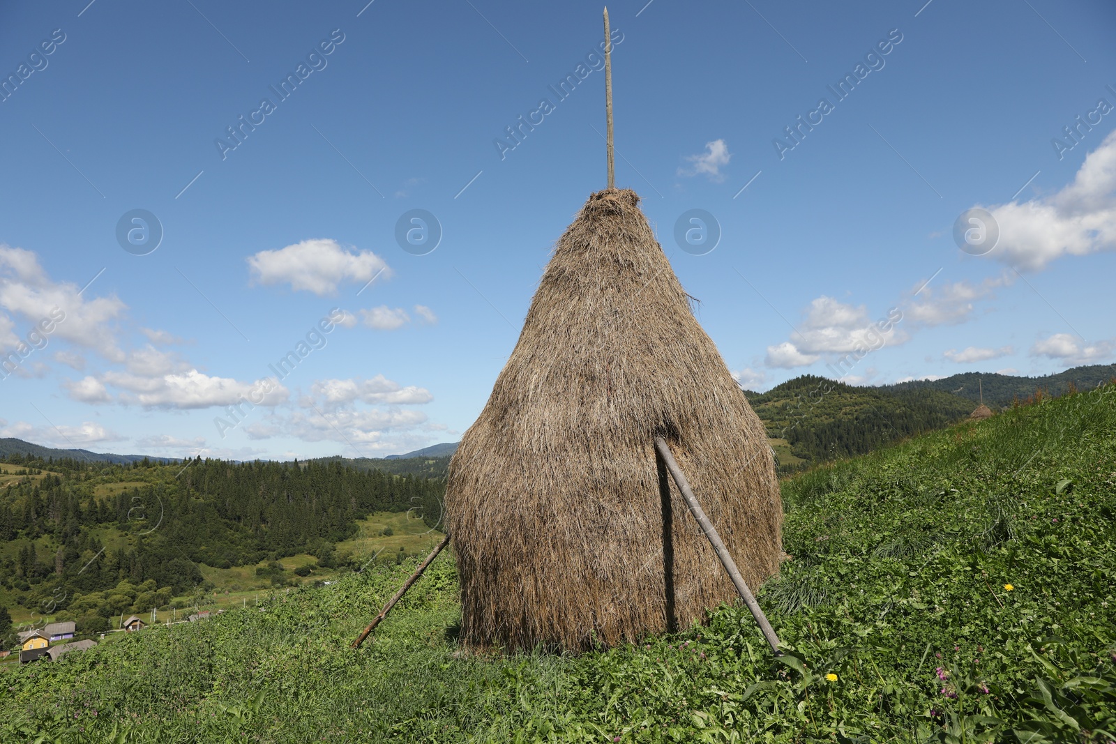 Photo of Pile of hay on field under blue sky