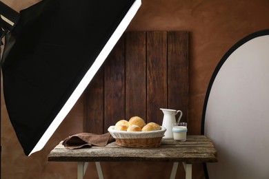 Shooting food in photo studio with professional lighting equipment