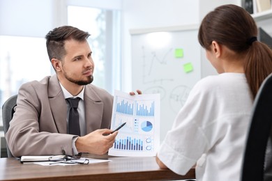 Consultant working with client at table in office. Business meeting