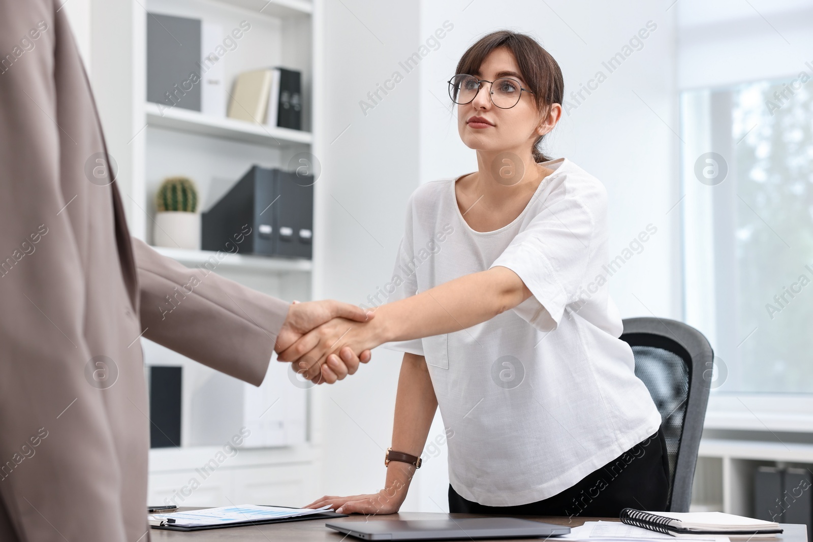 Photo of Consultant shaking hands with client in office. Business meeting