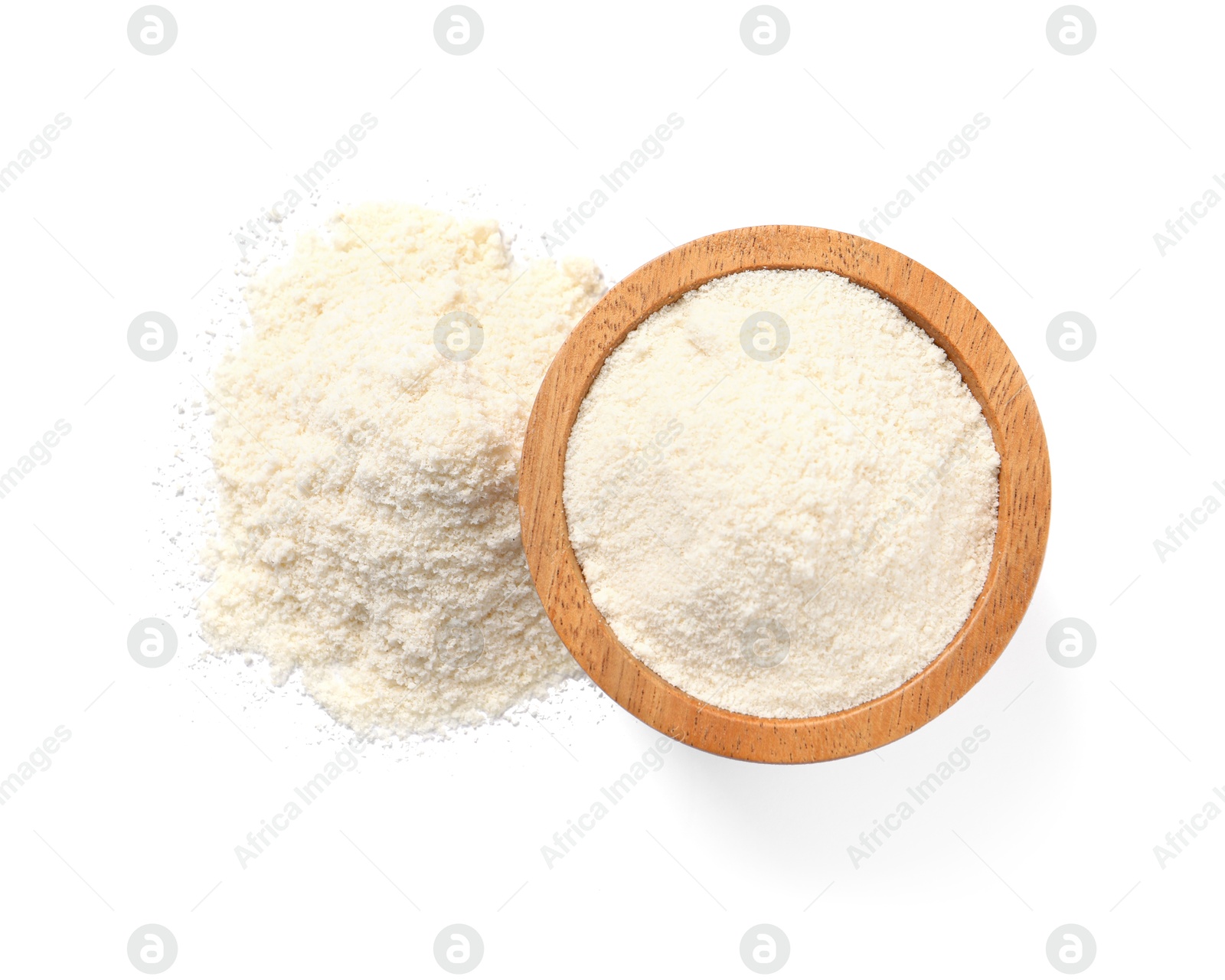 Photo of Fresh coconut flour in bowl isolated on white, top view