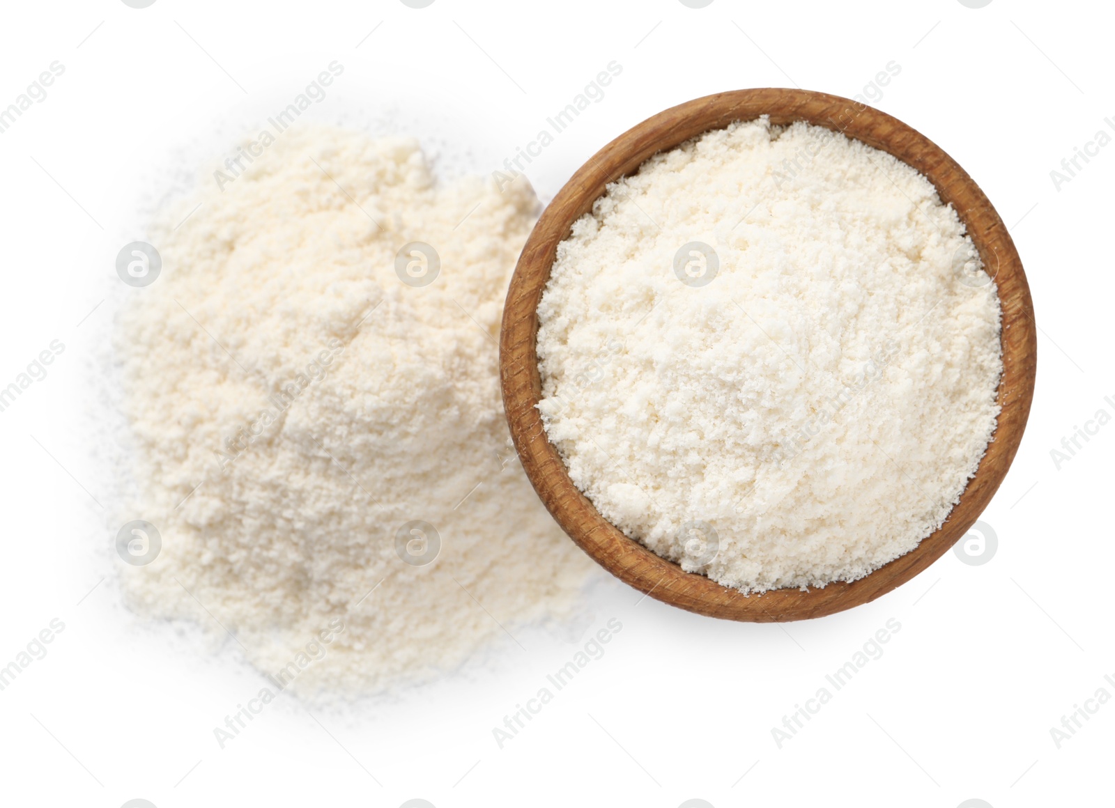 Photo of Fresh coconut flour in bowl isolated on white, top view