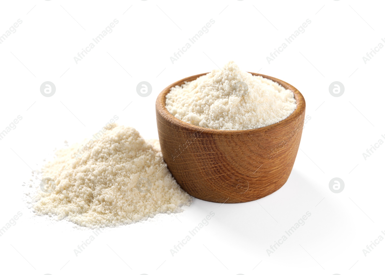 Photo of Fresh coconut flour in bowl isolated on white