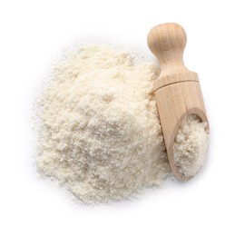 Photo of Fresh coconut flour and scoop isolated on white, top view