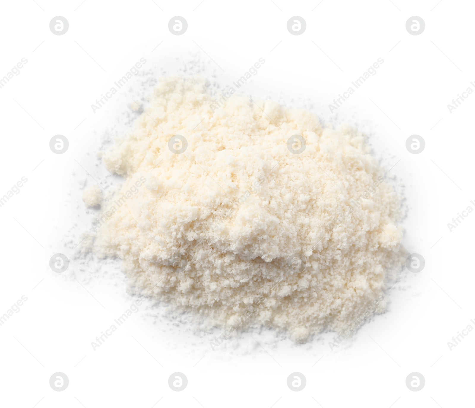 Photo of Heap of coconut flour isolated on white, top view