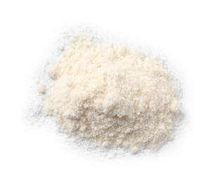 Photo of Heap of coconut flour isolated on white, top view