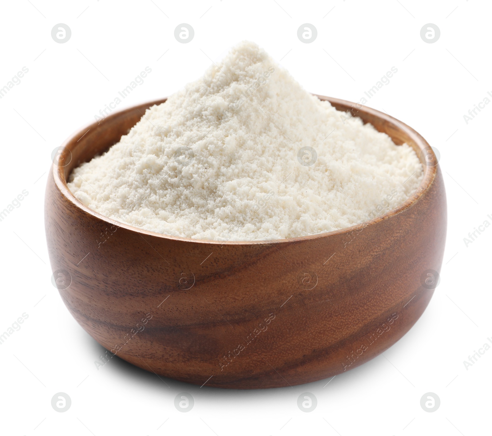 Photo of Fresh coconut flour in bowl isolated on white