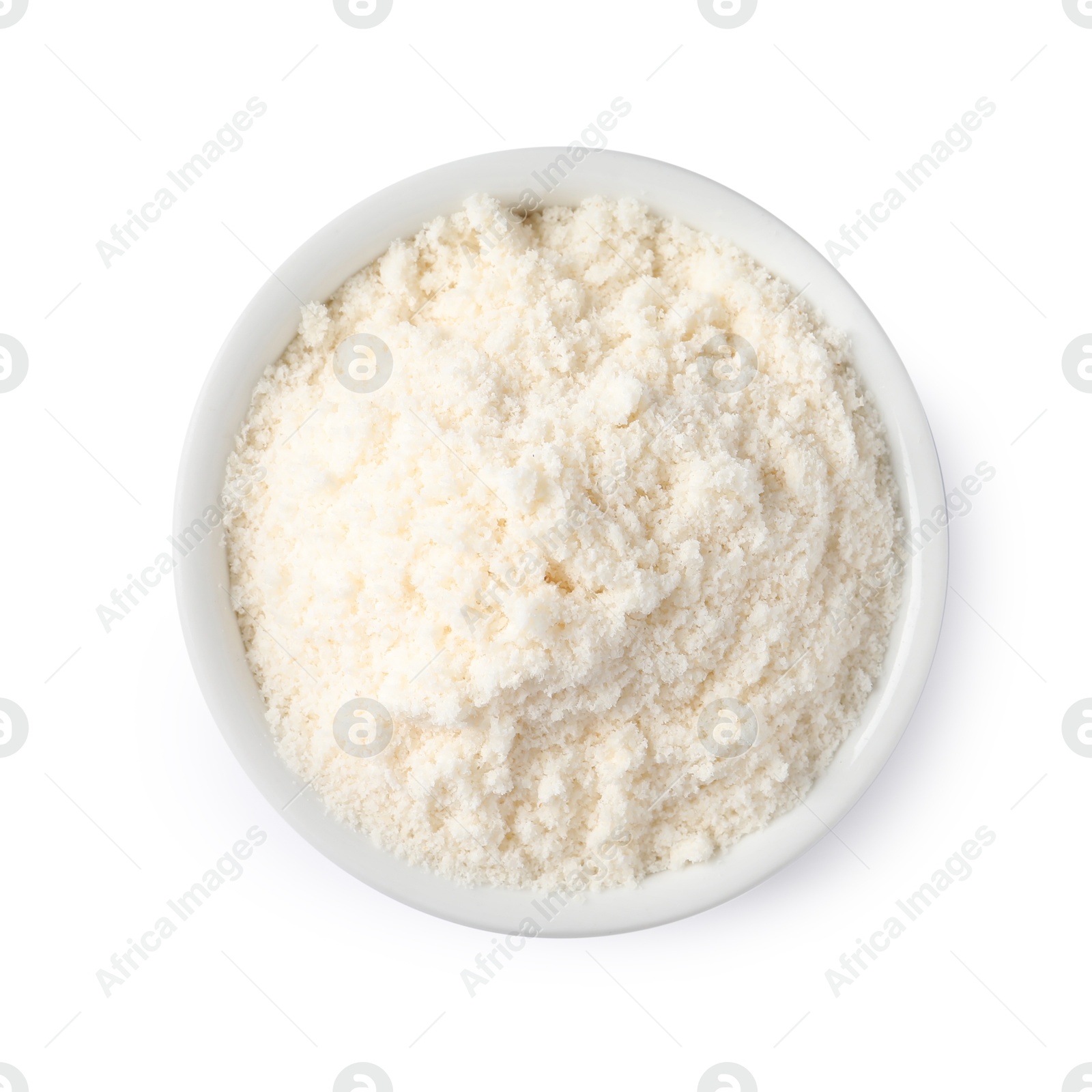 Photo of Fresh coconut flour in bowl isolated on white, top view