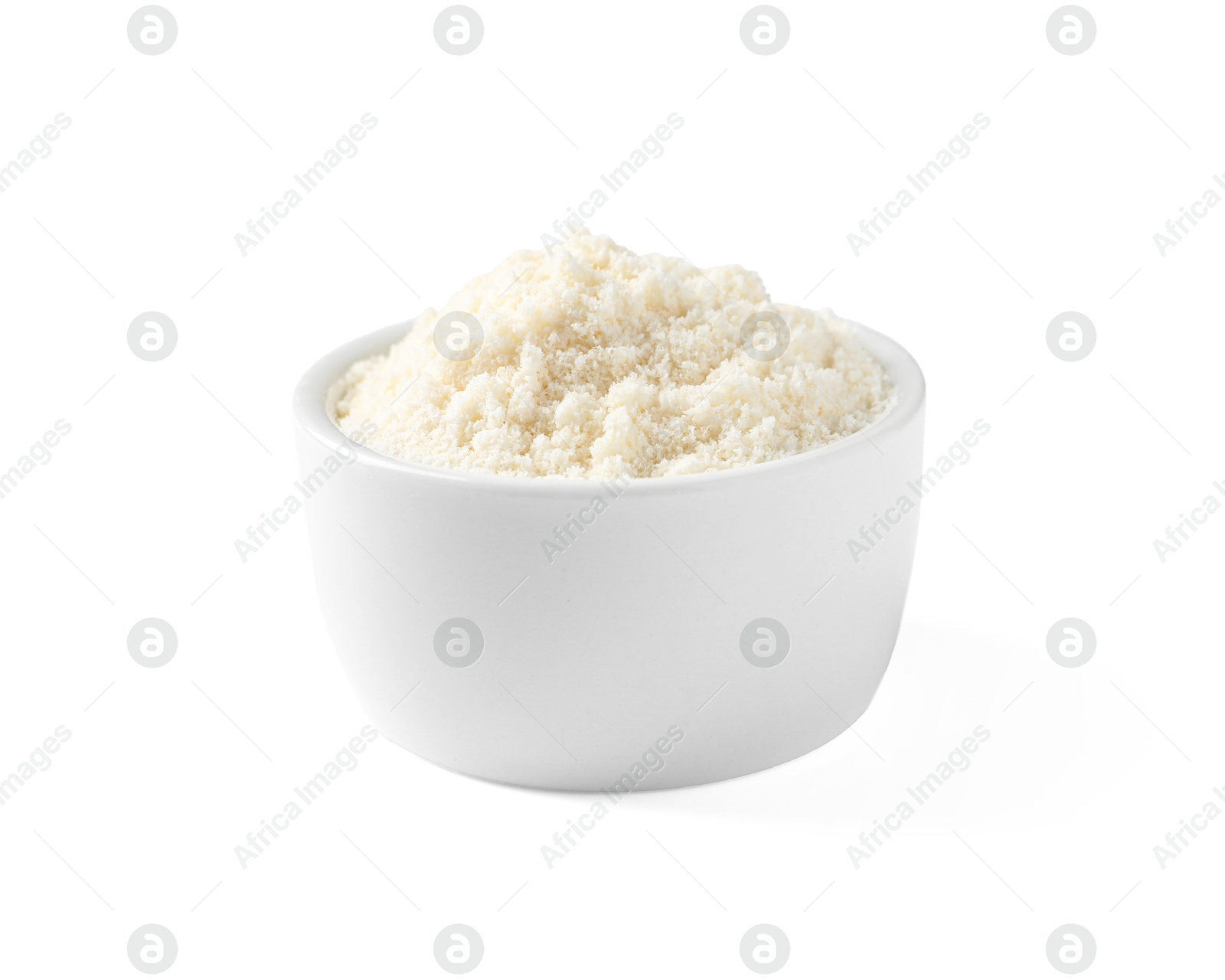 Photo of Fresh coconut flour in bowl isolated on white