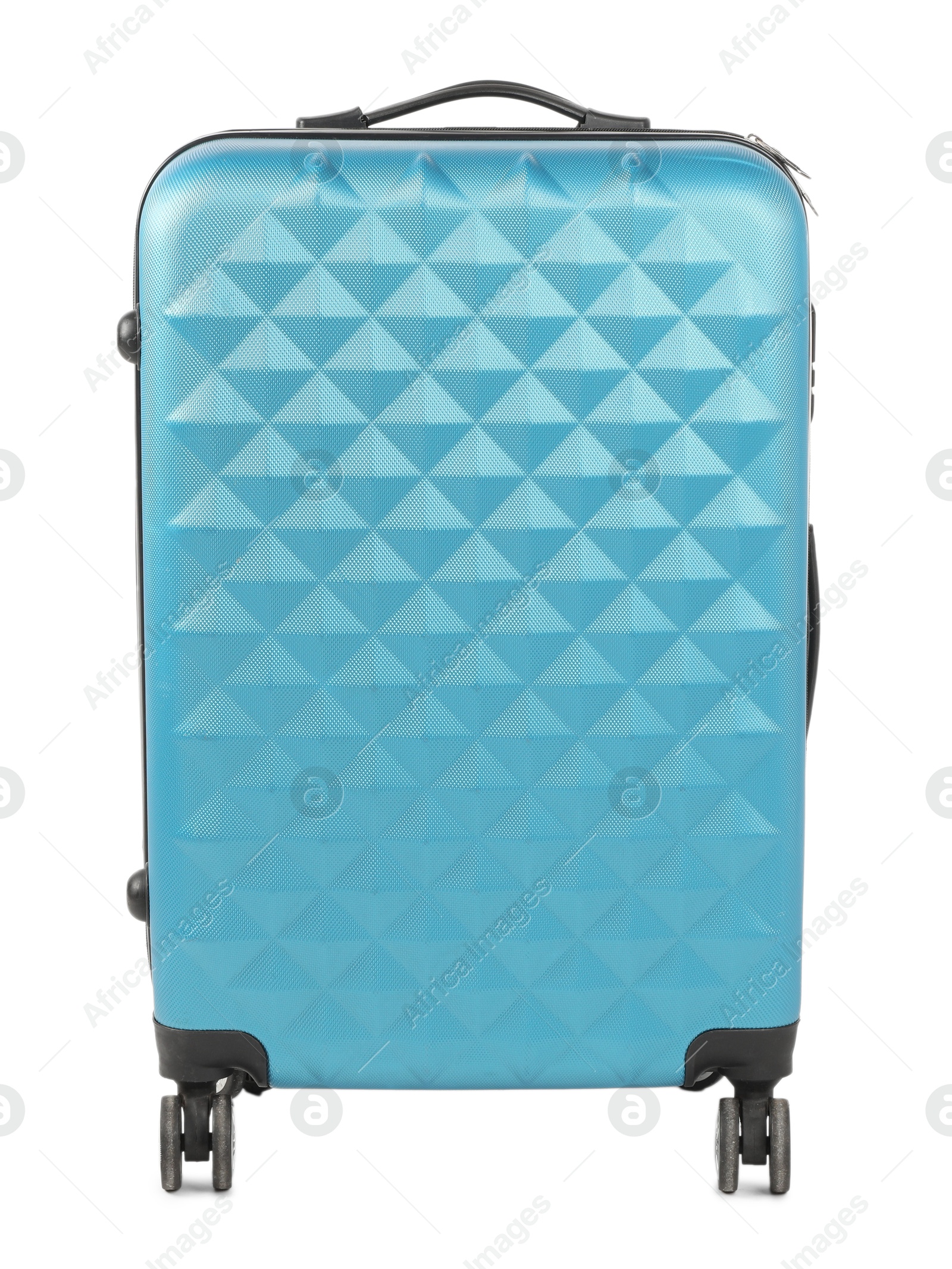 Photo of One light blue suitcase isolated on white