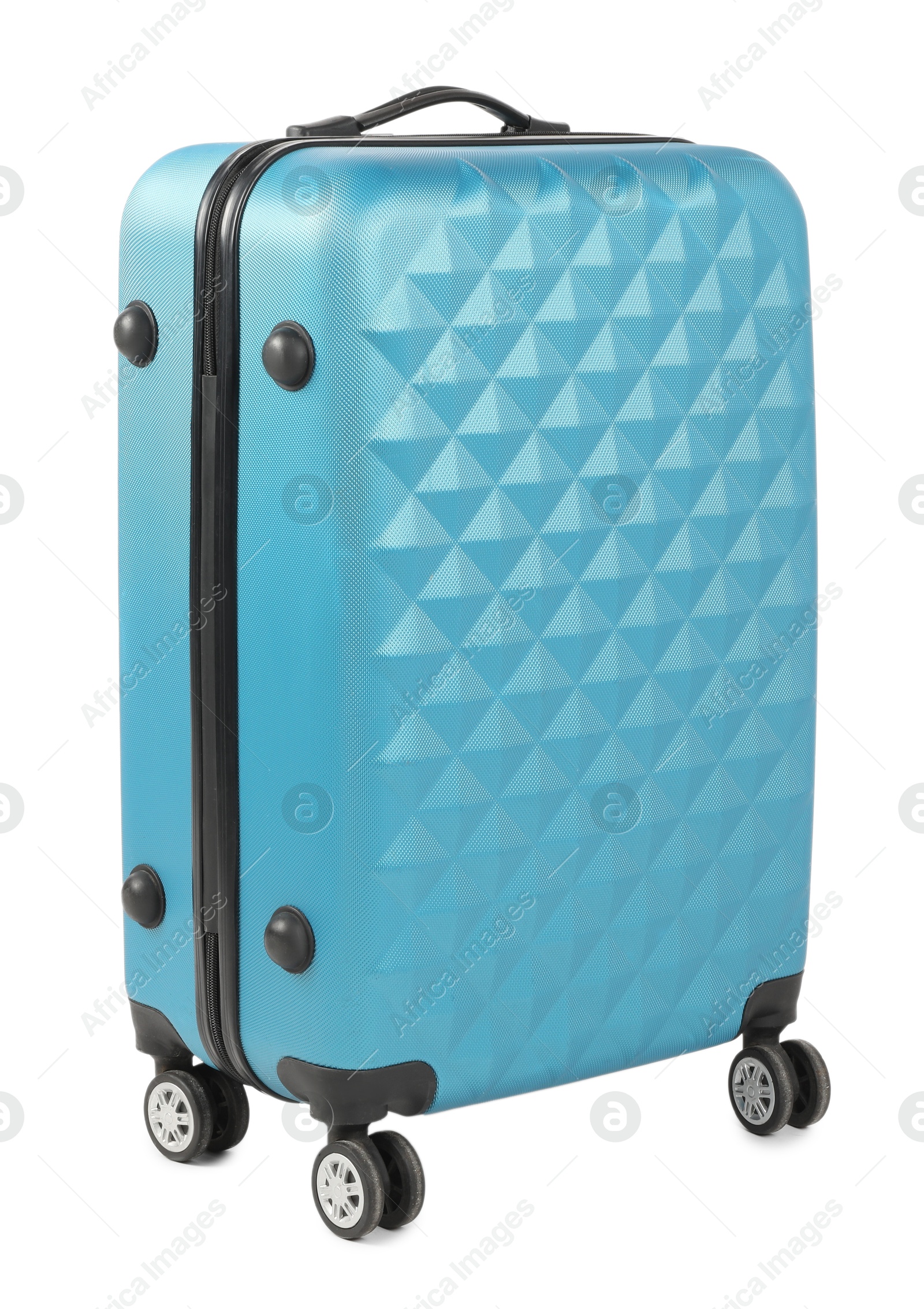 Photo of One light blue suitcase isolated on white