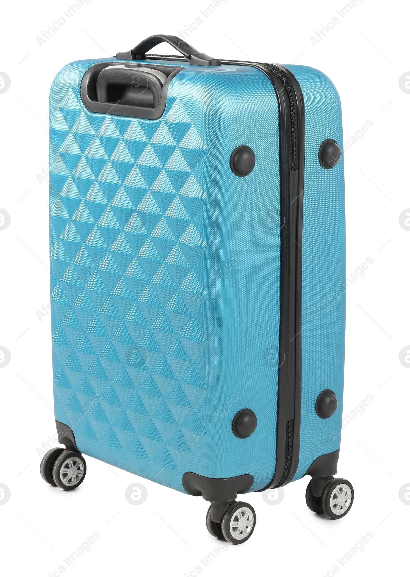 Photo of One light blue suitcase isolated on white