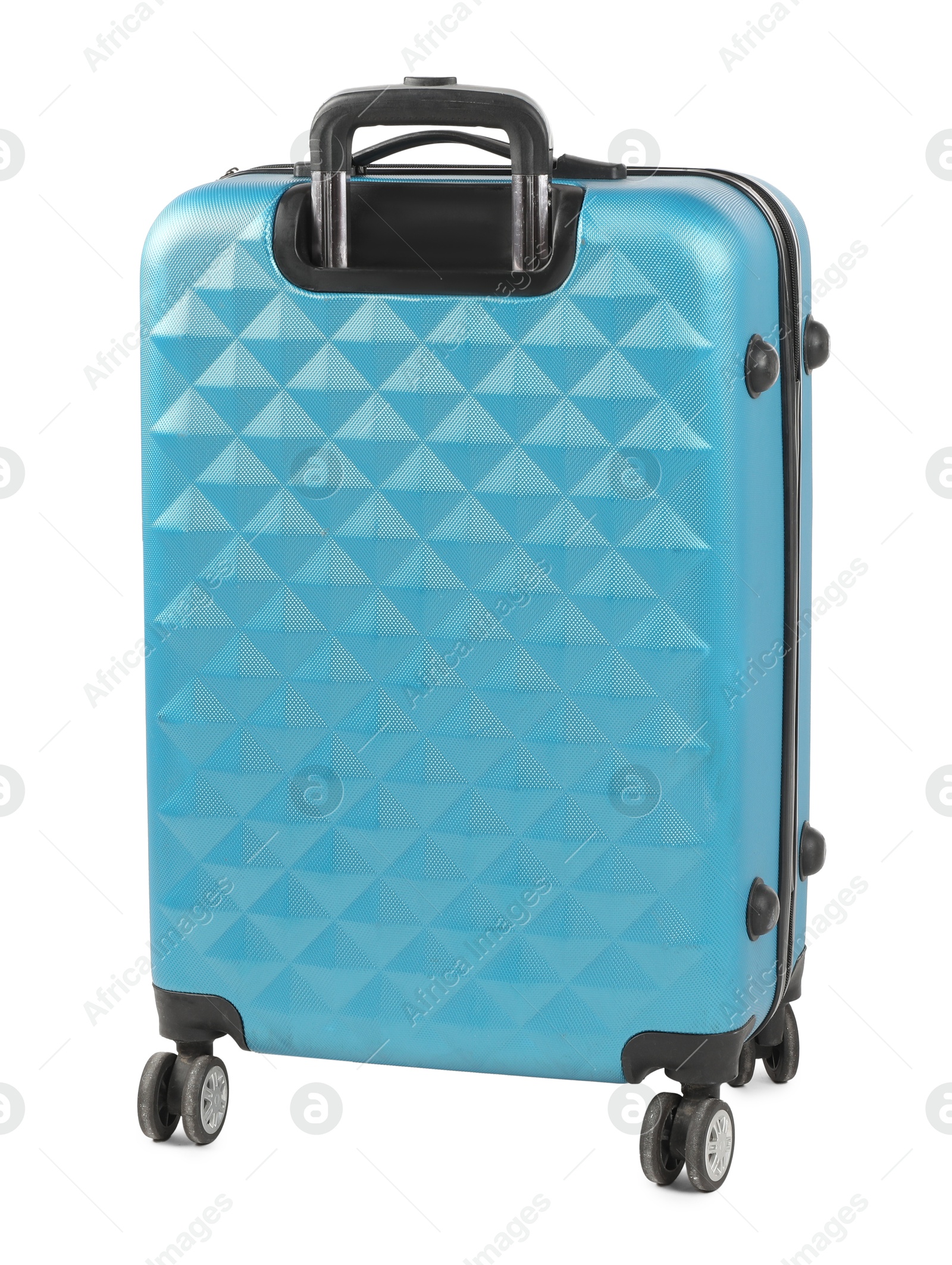 Photo of One light blue suitcase isolated on white