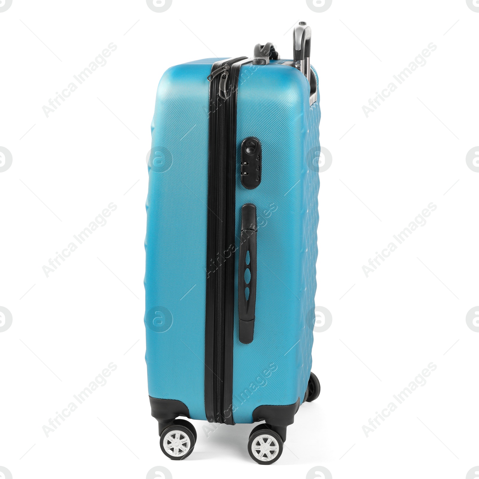 Photo of One light blue suitcase isolated on white