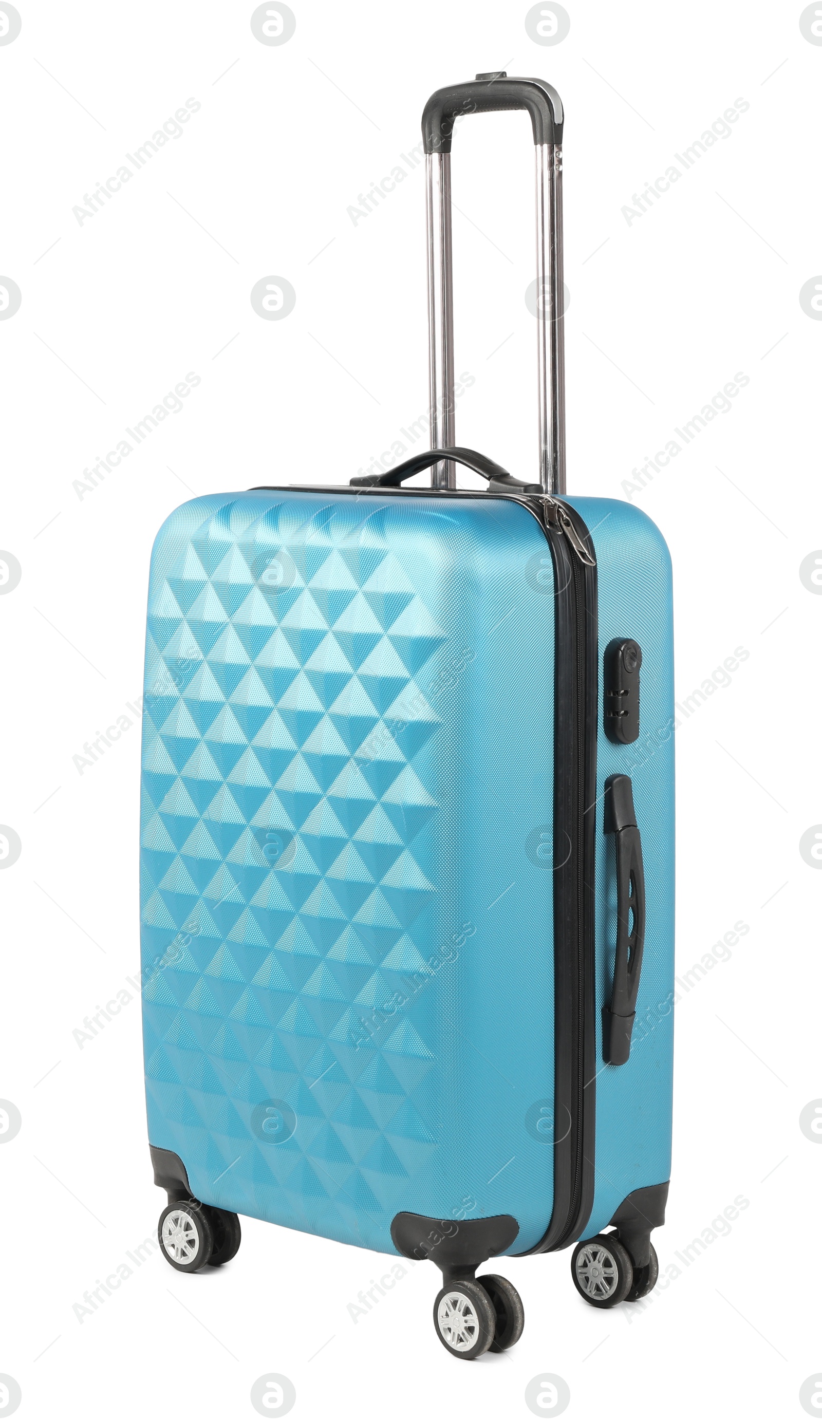 Photo of One light blue suitcase isolated on white