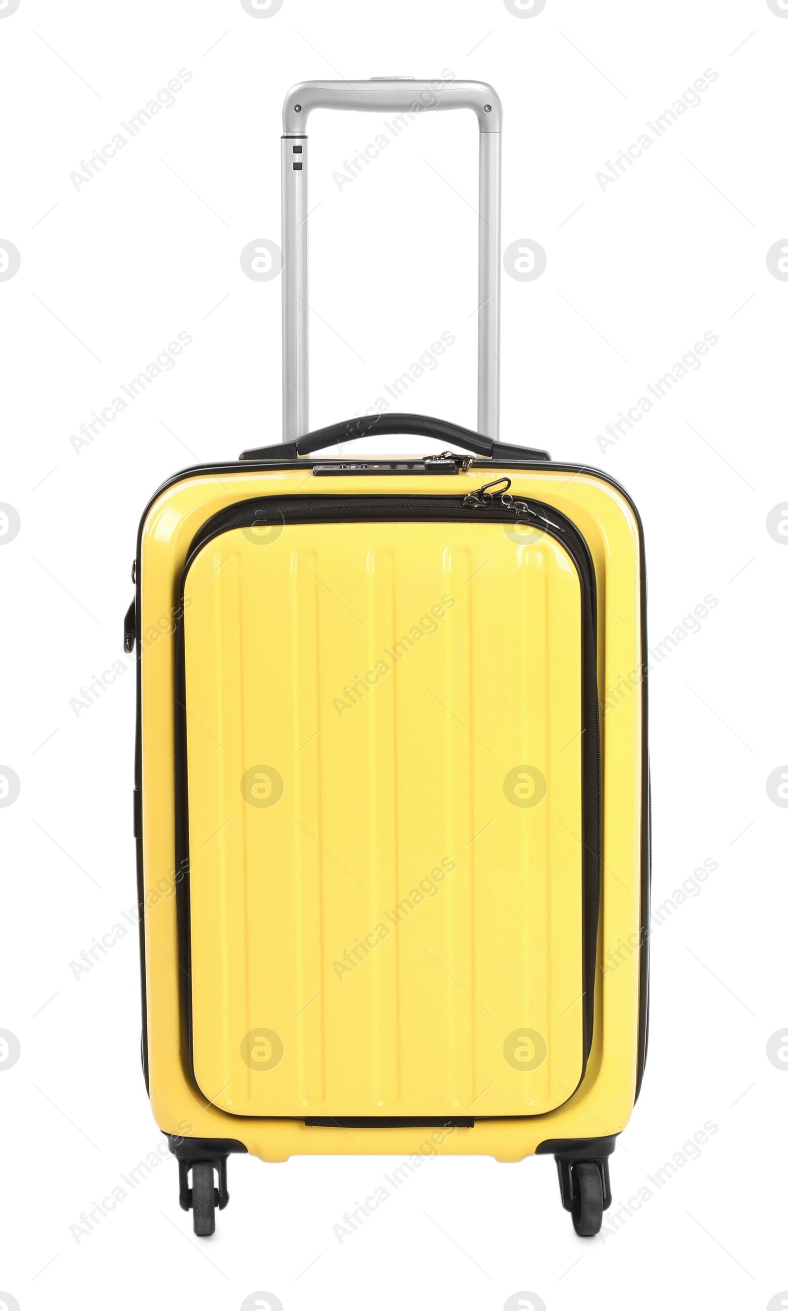 Photo of One new yellow suitcase isolated on white